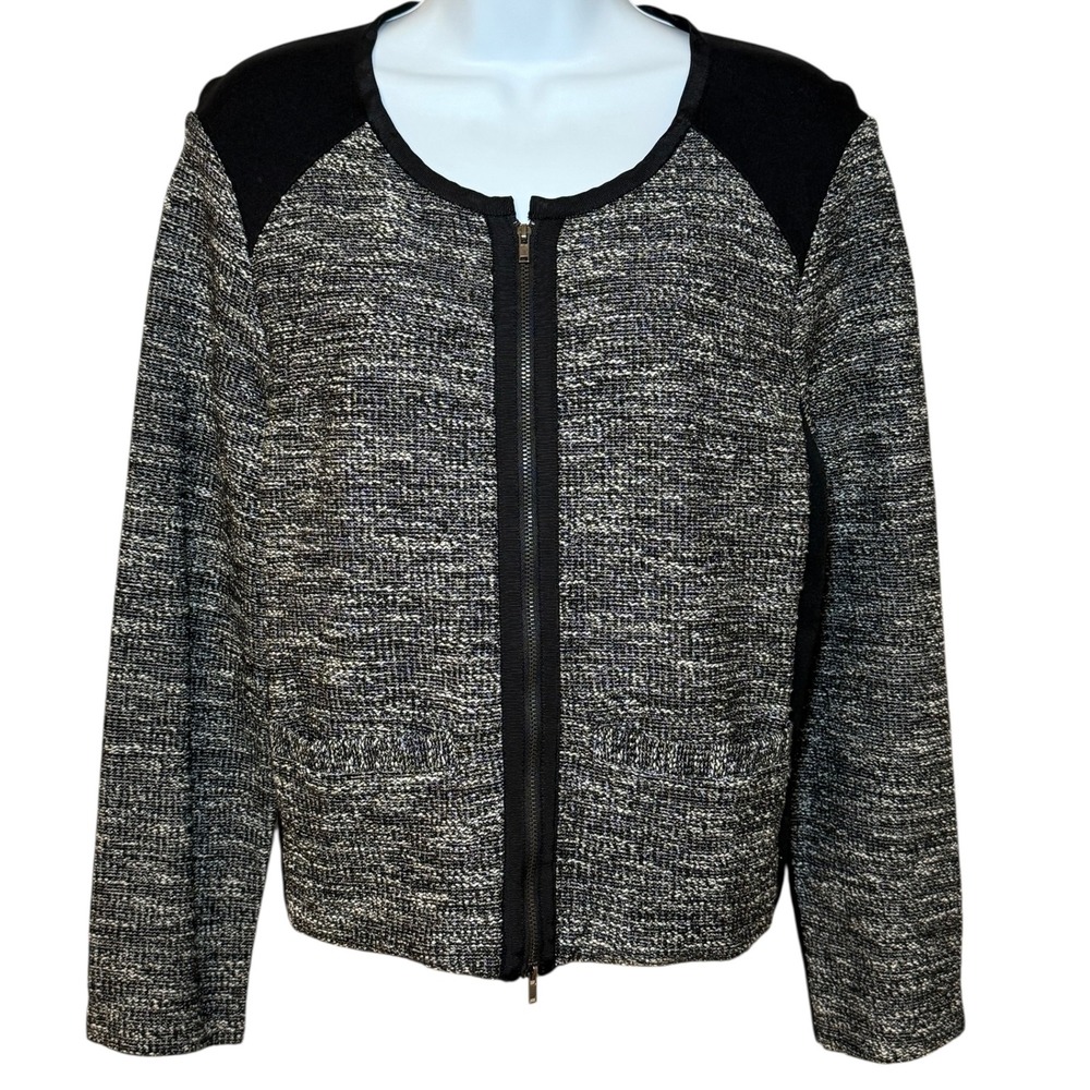 Eileen Fisher Tweed Knit Paneled Jacket Womens M Full Zip Gray Black Pockets